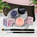 5 piece waterproof eye makeup set. Eyeliner, Eye shadow, brushes. Allergy tested, cruelty free. Made in USA. Duchess - A Peachy Rose with a Silver Sheen and Blue Angel - A Classic Navy Blue