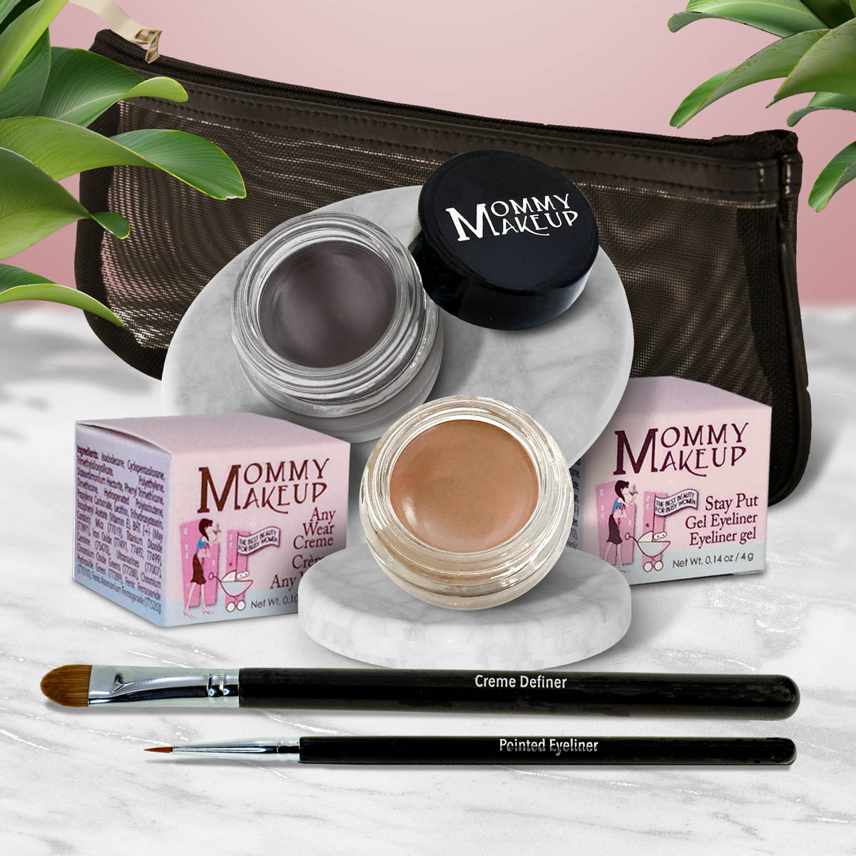 5 piece waterproof eye makeup set. Eyeliner, Eye shadow, brushes. Allergy tested, cruelty free. Made in USA. Misty Mocha - A Matte Cool Mocha Beige and Chocolate Kiss - Deep brown/black