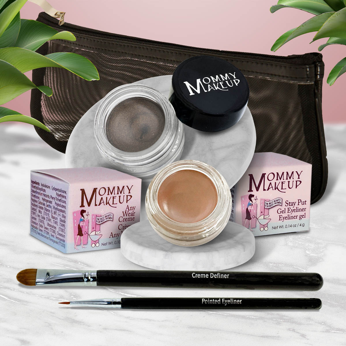 5 piece waterproof eye makeup set. Eyeliner, Eye shadow, brushes. Allergy tested, cruelty free. Made in USA. Misty Mocha - A Matte Cool Mocha Beige and Mischievous - Black with green and gold flecks