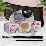 5 piece waterproof eye makeup set. Eyeliner, Eye shadow, brushes. Allergy tested, cruelty free. Made in USA. Misty Mocha - A Matte Cool Mocha Beige and Amethyst - Deep eggplant