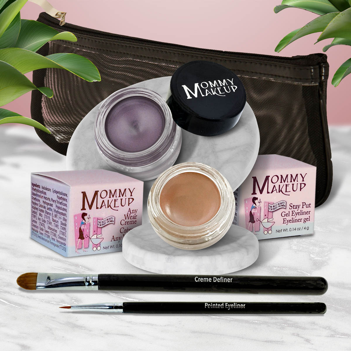5 piece waterproof eye makeup set. Eyeliner, Eye shadow, brushes. Allergy tested, cruelty free. Made in USA. Misty Mocha - A Matte Cool Mocha Beige and Amethyst - Deep eggplant
