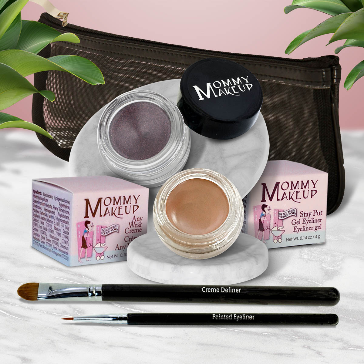 5 piece waterproof eye makeup set. Eyeliner, Eye shadow, brushes. Allergy tested, cruelty free. Made in USA. Misty Mocha - A Matte Cool Mocha Beige and Black Orchid - Luscious metallic black burgundy