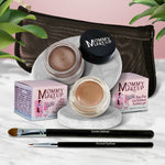 5 piece waterproof eye makeup set. Eyeliner, Eye shadow, brushes. Allergy tested, cruelty free. Made in USA. Misty Mocha - A Matte Cool Mocha Beige and Chocolate Sizzle - Milk chocolate brown with golden shimmer and golden flecks