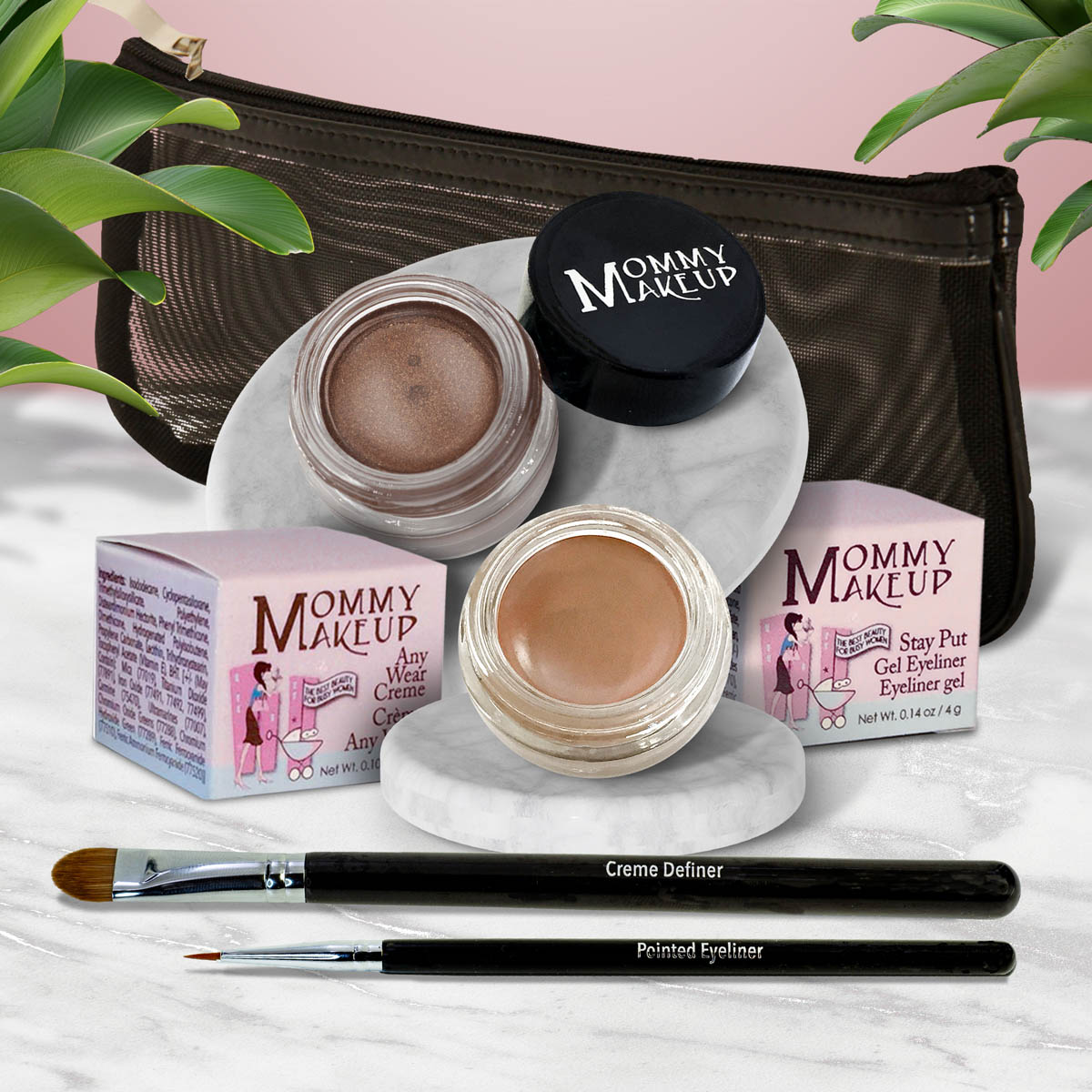 5 piece waterproof eye makeup set. Eyeliner, Eye shadow, brushes. Allergy tested, cruelty free. Made in USA. Misty Mocha - A Matte Cool Mocha Beige and Chocolate Sizzle - Milk chocolate brown with golden shimmer and golden flecks