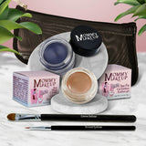 5 piece waterproof eye makeup set. Eyeliner, Eye shadow, brushes. Allergy tested, cruelty free. Made in USA. Misty Mocha - A Matte Cool Mocha Beige and Blue Angel - A Classic Navy Blue