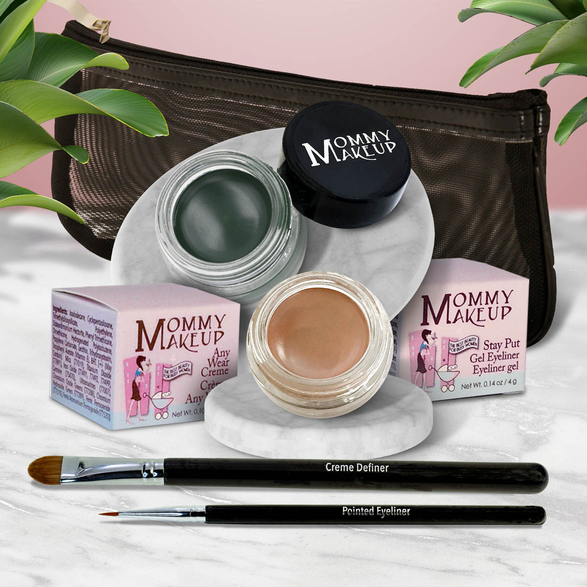 5 piece waterproof eye makeup set. Eyeliner, Eye shadow, brushes. Allergy tested, cruelty free. Made in USA. Misty Mocha - A Matte Cool Mocha Beige and Hunter - A Rich Hunter/Forest Green