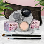5 piece waterproof eye makeup set. Eyeliner, Eye shadow, brushes. Allergy tested, cruelty free. Made in USA. Brighten Up - A warm matte cream and Steel Magnolia - Deep grey with shimmer