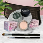 5 piece waterproof eye makeup set. Eyeliner, Eye shadow, brushes. Allergy tested, cruelty free. Made in USA. Brighten Up - A warm matte cream and Hunter - A Rich Hunter/Forest Green