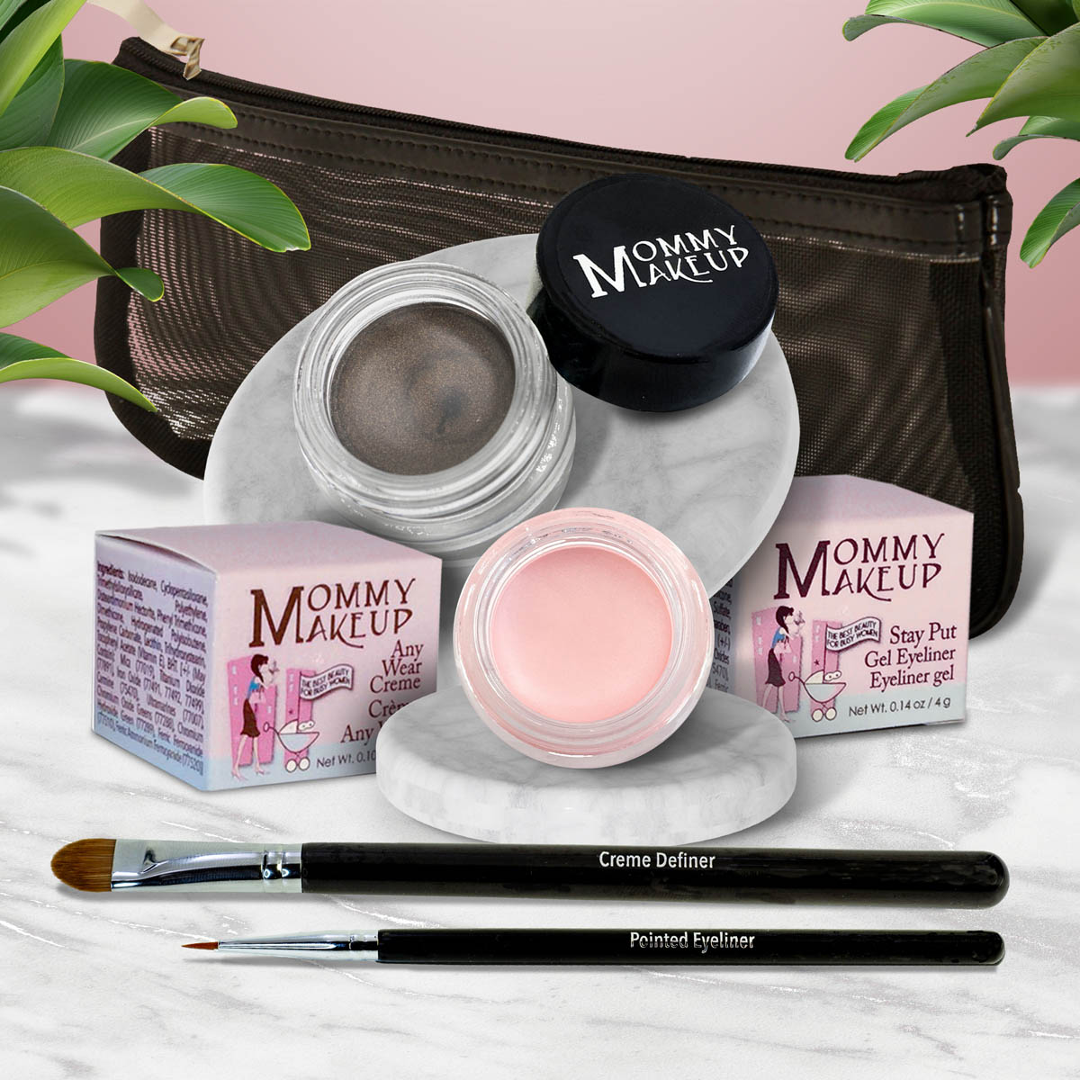 5 piece waterproof eye makeup set. Eyeliner, Eye shadow, brushes. Allergy tested, cruelty free. Made in USA. Cameo - a light nude pink and Mischievous - Black with green and gold flecks