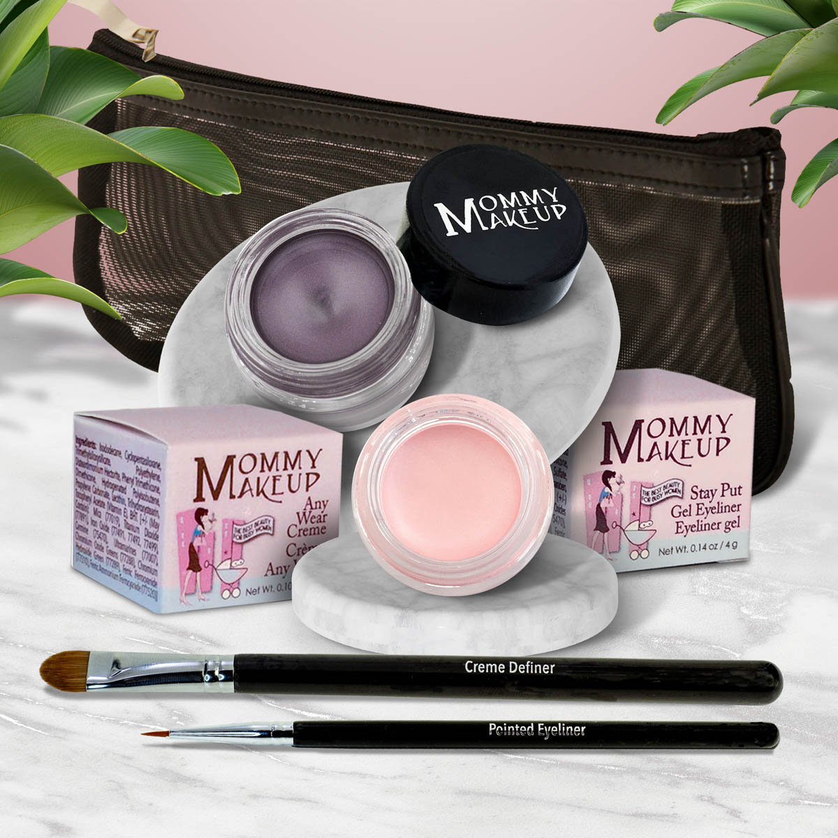 5 piece waterproof eye makeup set. Eyeliner, Eye shadow, brushes. Allergy tested, cruelty free. Made in USA. Cameo - a light nude pink and Amethyst - Deep eggplant