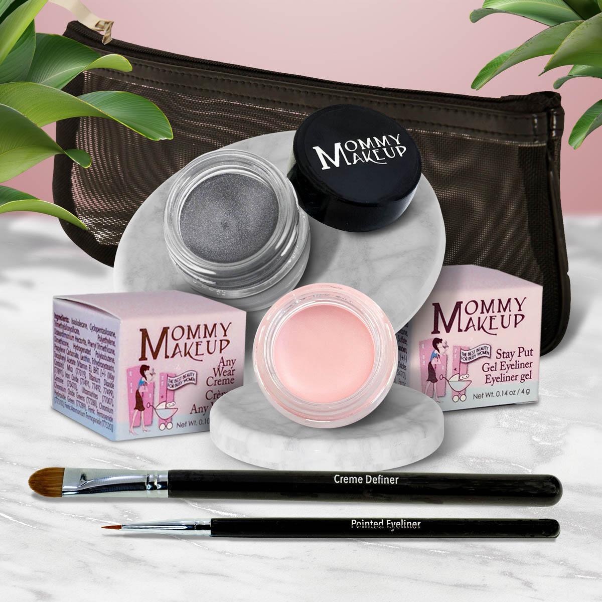 5 piece waterproof eye makeup set. Eyeliner, Eye shadow, brushes. Allergy tested, cruelty free. Made in USA. Cameo - a light nude pink and Steel Magnolia - Deep grey with shimmer