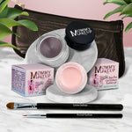 5 piece waterproof eye makeup set. Eyeliner, Eye shadow, brushes. Allergy tested, cruelty free. Made in USA. Cameo - a light nude pink and Black Orchid - Luscious metallic black burgundy