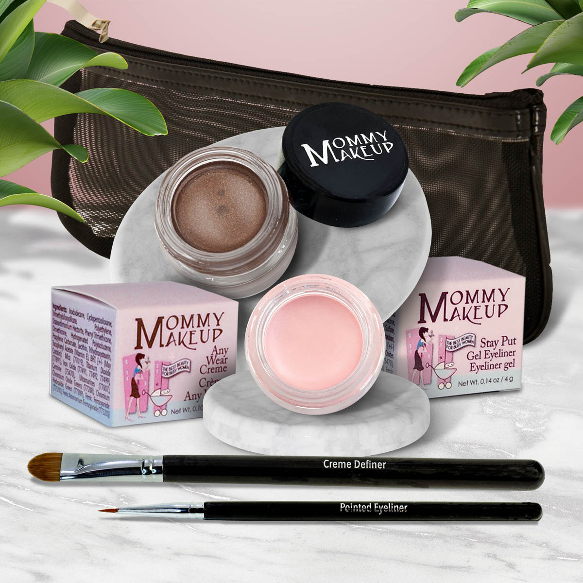 5 piece waterproof eye makeup set. Eyeliner, Eye shadow, brushes. Allergy tested, cruelty free. Made in USA. Cameo - a light nude pink and Chocolate Sizzle - Milk chocolate brown with golden shimmer and golden flecks