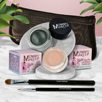 5 piece waterproof eye makeup set. Eyeliner, Eye shadow, brushes. Allergy tested, cruelty free. Made in USA. Nudetrality - a matte warm nude and Hunter - A Rich Hunter/Forest Green