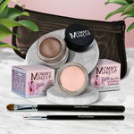5 piece waterproof eye makeup set. Eyeliner, Eye shadow, brushes. Allergy tested, cruelty free. Made in USA. Cashmere - a matte pale bisque and Chocolate Sizzle - Milk chocolate brown with golden shimmer and golden flecks